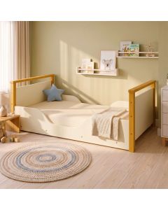 Cama Infantil Montessoriana Baixa com Colchão e Pés em Madeira para Quarto - Branco com Mel