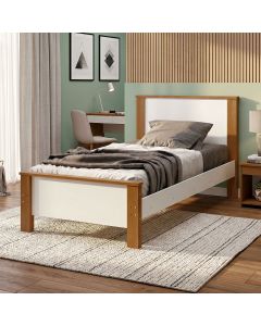 Cama Mila Solteiro Pés de Madeira com Colchão D23 para Quarto Moderno e Dormitório - Branco com Mel