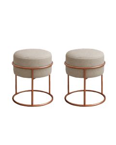 Kit 2 Puff Redondo Decorativo Linho Base Metal Cobre Assento Estofado Cor Areia