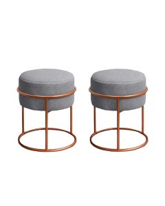 Kit 2 Puff Redondo Decorativo Estofado em Linho Base Metálica Cobre Cor Cinza