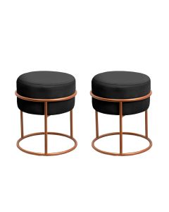 Kit 2 Puff Redondo Decorativo Estofado em Veludo Base Metálica Cobre Cor Preto