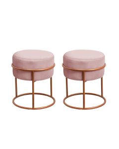 Kit 2 Puff Redondo Decorativo Estofado em Veludo Base Metálica Cobre Cor Rosé