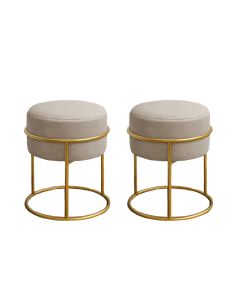 Kit 2 Puff Redondo Decorativo Estofado em Linho Base Metálica Dourada Cor Areia