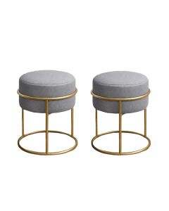 Kit 2 Puff Redondo Decorativo Estofado em Linho Base Metálica Dourada Cor Cinza