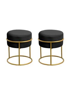 Kit 2 Puff Redondo Decorativo Estofado em Veludo Base Metálica Dourada Cor Preto