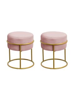 Kit 2 Puff Redondo Decorativo Estofado em Veludo Base Metálica Dourada Cor Rosé