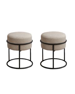 Kit 2 Puff Redondo Decorativo Estofado em Linho Base Metálica Preta Cor Areia