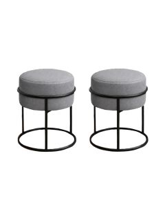 Kit 2 Puff Redondo Decorativo Estofado em Linho Base Metálica Preta Cor Cinza