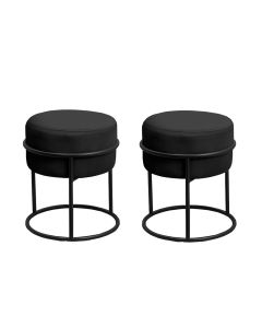 Kit 2 Puff Redondo Decorativo Estofado em Veludo Base Metálica Preta Cor Preto