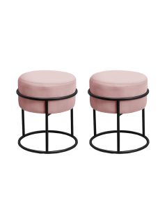Kit 2 Puff Redondo Decorativo Estofado em Veludo Base Metálica Preta Cor Rosé