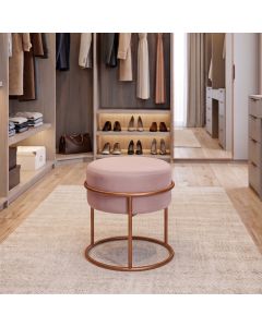 Puff Redondo Decorativo Estofado em Veludo Base Metálica Cobre Cor Rosé