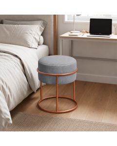 Puff Redondo Decorativo Estofado em Linho Base Metálica Cobre Cor Cinza