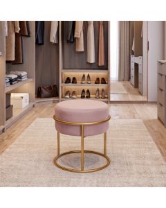 Puff Redondo Decorativo Estofado em Veludo Base Metálica Dourada Cor Rosé