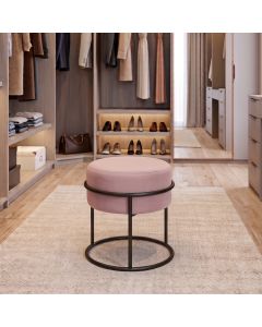 Puff Redondo Decorativo Estofado em Veludo Base Metálica Preta Cor Rosé